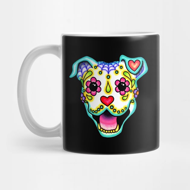 Smiling Pit Bull in White - Day of the Dead Pitbull Sugar Skull Dog by prettyinink